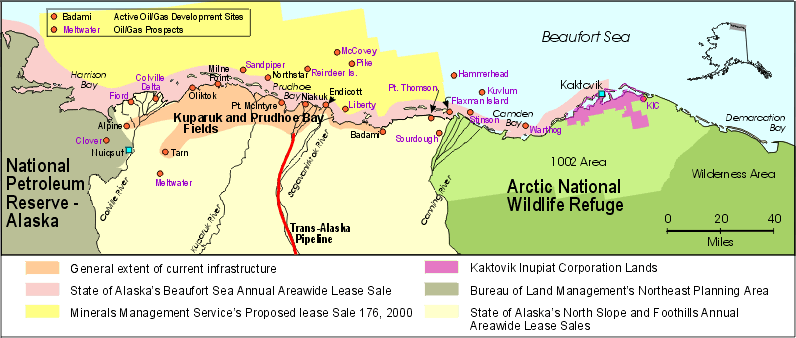 map of oil and gas development sites 
across northcentral and northeast Alaska