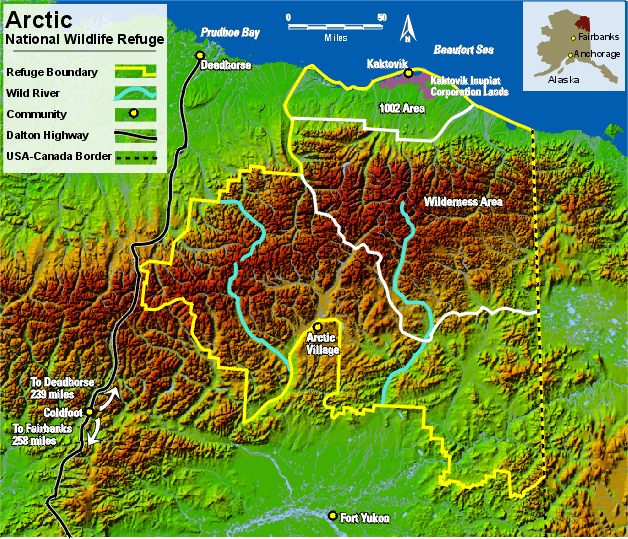 shaded relief map of Refuge and surrounding area