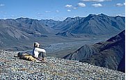 visitor admiring the scenery from mountain ridge